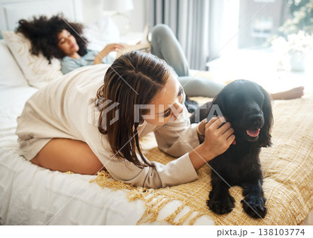 Dog, bedroom and lesbian couple playing in home, morning and relax together in house. Pet, bed and gay women with animal, bonding and having fun in healthy relationship, love connection and care. 138103774