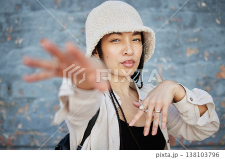 Fashion, hands and portrait of woman in city with trendy outfit, cool clothes and style for glamour. Beauty, creative and person on gray wall background with confidence, pride and cosmetics in town Fashion, hands and portrait of woman in city with trendy outfit, cool clothes and style for glamour. Beauty, creative and person on gray wall background with confidence, pride and cosmetics in town 138103796