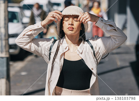 Fashion, summer and freedom with a woman in the city for travel or outdoor shopping for retail style. Street, peace and quiet with a young gen z person in an urban town for fresh air during the day Fashion, summer and freedom with a woman in the city for travel or outdoor shopping for retail style. Street, peace and quiet with a young gen z person in an urban town for fresh air during the day 138103798