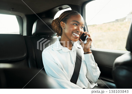 Smile, phone call and a business black woman a taxi for transport or ride share on her commute to work. Mobile, contact and a happy young employee in the backseat of a cab for travel as a passenger 138103843
