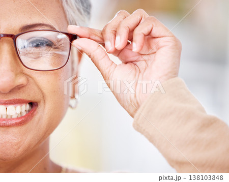 Glasses, senior woman and portrait of a happy customer shopping for vision lens, eye care or frame. Face closeup, smile or mature person for decision on optometry product choice for eyes or wellness Glasses, senior woman and portrait of a happy customer shopping for vision lens, eye care or frame. Face closeup, smile or mature person for decision on optometry product choice for eyes or wellness 138103848