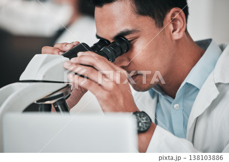 Scientist, man and medical microscope for research, DNA analysis and pharmaceutical investigation with laboratory data. Professional science person, doctor or expert with lens check for healthcare Scientist, man and medical microscope for research, DNA analysis and pharmaceutical investigation with laboratory data. Professional science person, doctor or expert with lens check for healthcare 138103886
