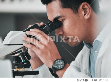Scientist, man and microscope for science research, data analysis and DNA investigation with laboratory technology. Professional doctor or medical expert with lens check for particles inspection Scientist, man and microscope for science research, data analysis and DNA investigation with laboratory technology. Professional doctor or medical expert with lens check for particles inspection 138103888