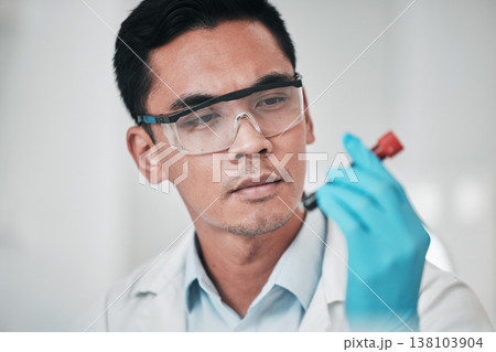 Scientist, face and man with blood test in laboratory for medical investigation, healthcare research and vaccine. Science, asian worker and red tube for dna analysis, development or chemistry results Scientist, face and man with blood test in laboratory for medical investigation, healthcare research and vaccine. Science, asian worker and red tube for dna analysis, development or chemistry results 138103904