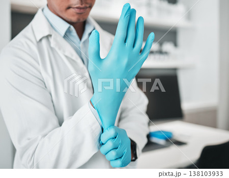 Hands, science and gloves for healthcare with a person in a laboratory for research or innovation closeup. Safety, medical and a scientist in a lab for analysis, development or discovery in medicine 138103933