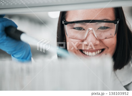 Test tubes, scientist smile and woman with investigation, and science research success of Asian person. Laboratory, professional and healthcare worker with medicine and liquid check for hospital test 138103952