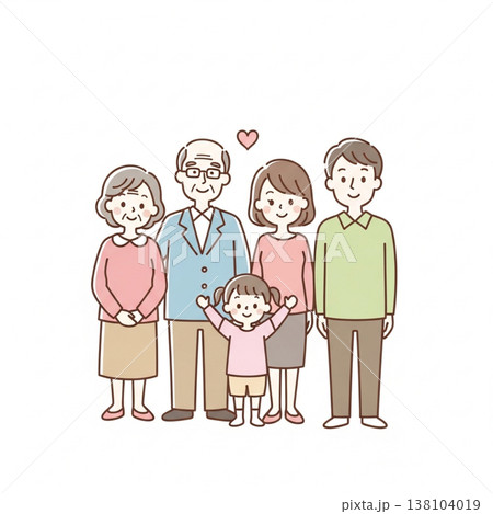 シンプルでかわいい三世代家族のイラスト 笑顔の日本人ファミリー フラットデザイン・白背景 シンプルでかわいい三世代家族のイラスト 笑顔の日本人ファミリー フラットデザイン・白背景 138104019