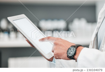 Tablet, pharmacy and hands of person with mockup space for advertising, wellness app and telehealth. Healthcare, pharmaceutical and worker on digital tech for medical service, medicine and research 138104079