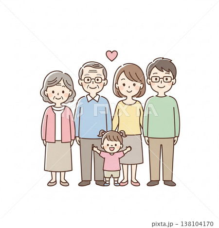 シンプルでかわいい三世代家族のイラスト　笑顔の日本人ファミリー　フラットデザイン・白背景 138104170