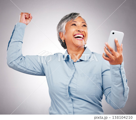 Business woman, wow and phone celebration for success, power and yes with news, bonus or winning in studio. Happy manager or excited winner on mobile for achievement or job goals on white background Business woman, wow and phone celebration for success, power and yes with news, bonus or winning in studio. Happy manager or excited winner on mobile for achievement or job goals on white background 138104210