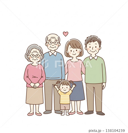 シンプルでかわいい三世代家族のイラスト 笑顔の日本人ファミリー フラットデザイン・白背景 シンプルでかわいい三世代家族のイラスト 笑顔の日本人ファミリー フラットデザイン・白背景 138104239