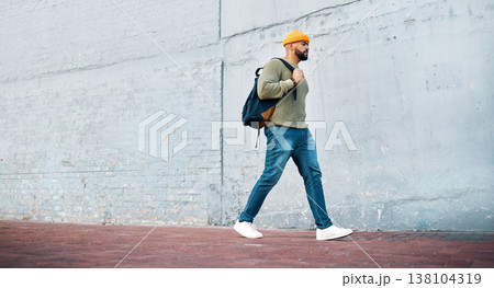 Man, walking and travel with student on wall, mockup and space in urban, campus or street in town. University, person and commute on path, road or journey to college in city with backpack Man, walking and travel with student on wall, mockup and space in urban, campus or street in town. University, person and commute on path, road or journey to college in city with backpack 138104319