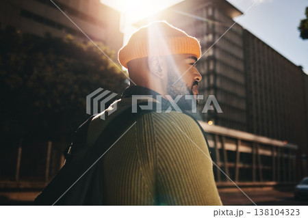 City, face and man travel, walking and on morning trip, outdoor journey or tour of California, USA. Town buildings, flare and urban student, pedestrian or person commuting on street, road or sidewalk City, face and man travel, walking and on morning trip, outdoor journey or tour of California, USA. Town buildings, flare and urban student, pedestrian or person commuting on street, road or sidewalk 138104323