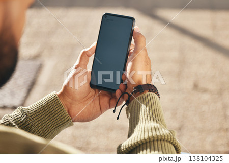 Phone screen, hands and student for outdoor chat, networking and social media, college or education FAQ. Person on mobile app with information mockup, contact us or college registration on campus 138104325