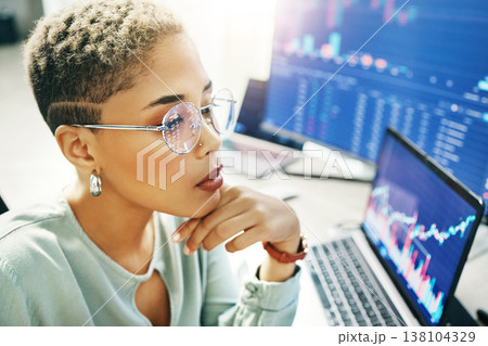 Woman with glasses, thinking and screen with charts, graphs and stocks for crypto trade. Nft, cyber consultant or broker reading stats on market growth, brainstorming and research ideas on defi data. Woman with glasses, thinking and screen with charts, graphs and stocks for crypto trade. Nft, cyber consultant or broker reading stats on market growth, brainstorming and research ideas on defi data. 138104329