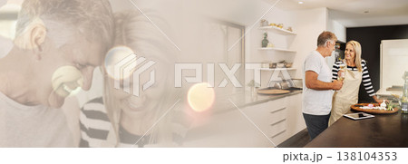 Laughing, double exposure and mature couple in kitchen with cooking, love and mockup space at home. Food, marriage and embrace of happy people together with smile at a house with care and support 138104353