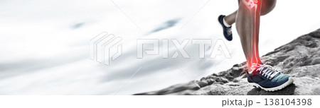 Banner, runner and training with injury on leg for anatomy for joint pain in closeup, overlay and mockup. Person, healthcare or medical in sports, fitness or workout on terrain, wellness or road 138104398