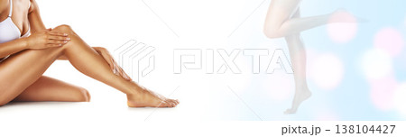 Legs, epilation and beauty, woman with skincare banner for spa treatment and double exposure on studio background. Bokeh, mockup space and hair removal, grooming and skin with self care and overlay Legs, epilation and beauty, woman with skincare banner for spa treatment and double exposure on studio background. Bokeh, mockup space and hair removal, grooming and skin with self care and overlay 138104427