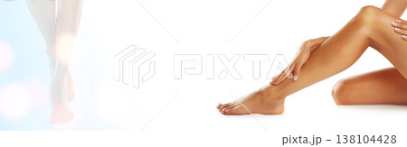Beauty, legs and hair removal with a model in studio on a banner for natural skincare or wellness. Hands, mockup space and double exposure with a woman touching her smooth skin at the spa or salon Beauty, legs and hair removal with a model in studio on a banner for natural skincare or wellness. Hands, mockup space and double exposure with a woman touching her smooth skin at the spa or salon 138104428