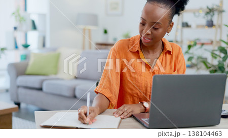 Student, writing and black woman with laptop in home with online class, notes and studying with research or elearning. College, notebook and girl with distance learning, education or planning project Student, writing and black woman with laptop in home with online class, notes and studying with research or elearning. College, notebook and girl with distance learning, education or planning project 138104463