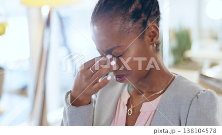 Black woman, headache and business stress from mistake, debt or financial crisis in burnout at office. Frustrated African female person employee in pain, anxiety or depression for fail at workplace Black woman, headache and business stress from mistake, debt or financial crisis in burnout at office. Frustrated African female person employee in pain, anxiety or depression for fail at workplace 138104578
