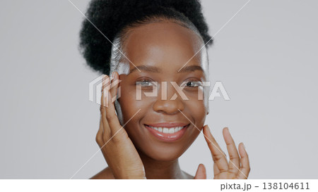 Face touch, skincare and happy black woman in studio isolated on gray background mockup space. Portrait, hands and natural cosmetics of African model in spa facial treatment, wellness or aesthetic 138104611