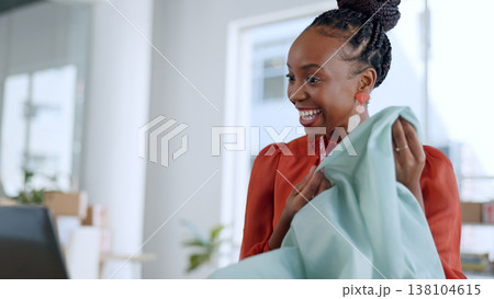 Fashion designer, material and black woman on video call on laptop with fabric, pattern and texture. Communication, client and person on computer for creative startup, small business and boutique 138104615