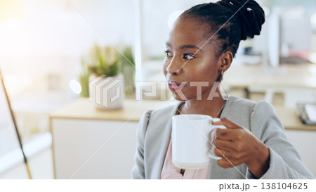Coffee, thinking and business woman in office for planning, brainstorming ideas and strategy. Corporate worker, professional and person with beverage, tea and caffeine for working, project and report 138104625