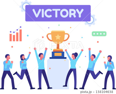 Business Team Celebrating Success with Trophy and Victory Banner Business Team Celebrating Success with Trophy and Victory Banner 138104638