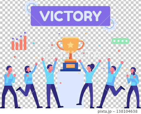 Business Team Celebrating Success with Trophy and Victory Banner Business Team Celebrating Success with Trophy and Victory Banner 138104638