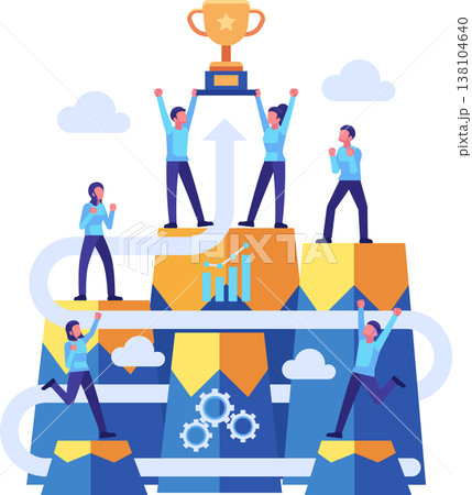 Business Team Climbing to Success with Trophy on Mountain Peak Business Team Climbing to Success with Trophy on Mountain Peak 138104640