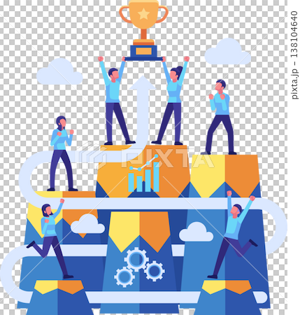 Business Team Climbing to Success with Trophy on Mountain Peak Business Team Climbing to Success with Trophy on Mountain Peak 138104640