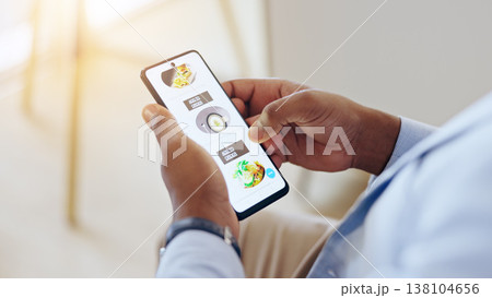 Hands, phone screen and food delivery from restaurant app for lunch in workplace with online shopping. Hungry person, smartphone and website ux for search, deal and discount with choice for order 138104656