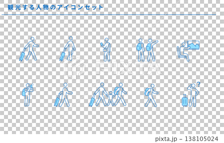 Icon set of people sightseeing, travelers, tourists, travel, simple line art vectors 138105024
