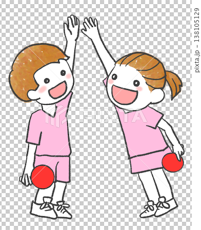 ハイタッチをする卓球部の部員 138105129