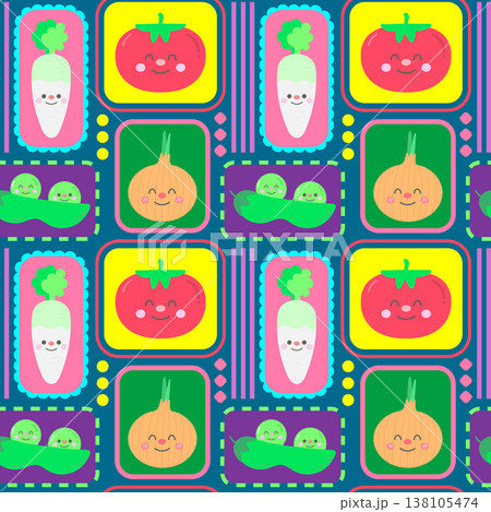 Cute Spring Garden Vegetables with Smiling Radish Tomato Peas and Onion Cute Spring Garden Vegetables with Smiling Radish Tomato Peas and Onion 138105474