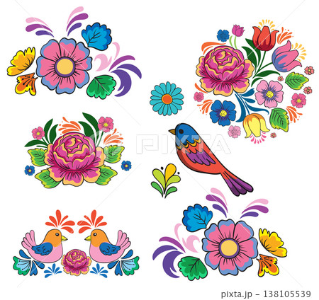Colorful Russian Folk Art Flowers and Birds Vector Set Colorful Russian Folk Art Flowers and Birds Vector Set 138105539