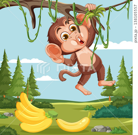 Playful Monkey Hanging From Tree With Bananas 138105557