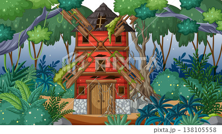 Abandoned Red Windmill House Hidden in Jungle Forest 138105558
