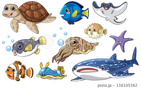 Collection of Cute Cartoon Sea Animals and Marine Life Characters 138105562