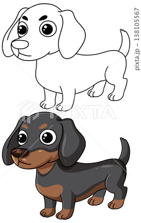 Cute Cartoon Dachshund Dog Vector Illustration in Color and Line Art 138105567