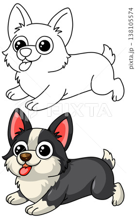 Cute Corgi Dog Cartoon Illustration and Coloring Page Outline 138105574