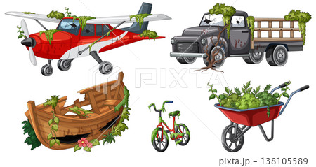 Abandoned Vehicles and Tools Overgrown with Green Vegetation 138105589