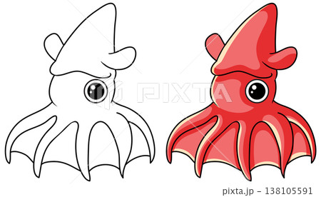 Cute Cartoon Squid Character in Colored and Outline Vector Style 138105591