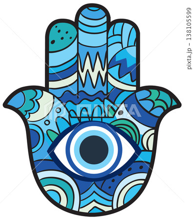Blue Hamsa Hand with Stylized Eye and Abstract Patterns Blue Hamsa Hand with Stylized Eye and Abstract Patterns 138105599