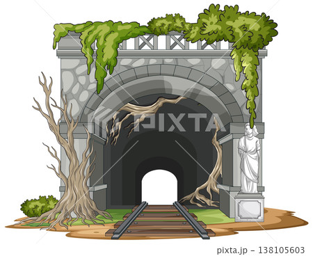 Abandoned Stone Railway Tunnel Overgrown With Trees and Vines 138105603