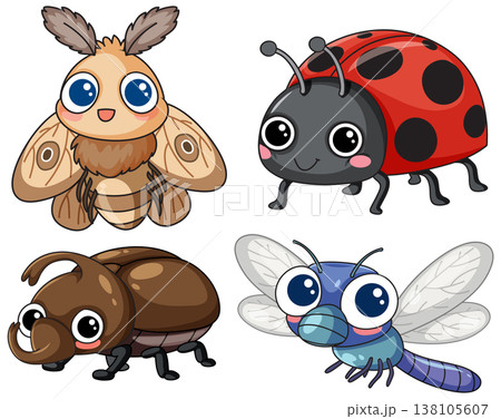 Set of Four Cute Cartoon Insects with Large Eyes and Friendly Expressions 138105607