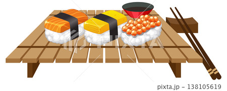 Assorted Sushi Nigiri on Wooden Serving Board Assorted Sushi Nigiri on Wooden Serving Board 138105619
