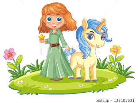 Young Girl Holding Star with Blue-Haired Unicorn 138105631