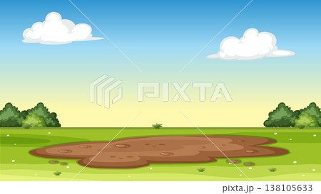 Cartoon Landscape with Mud Puddle in a Green Grassy Field 138105633